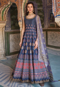 Dola silk Ajrakh print gown in navy blue