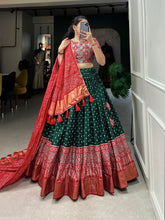 Sangeet nights - dola silk with bandhani and ajrakh print chaniya cholis (skirt stitched) in green