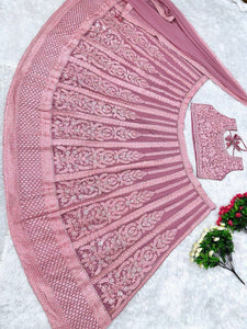 Pink and rose panelled mirror work Lehenga