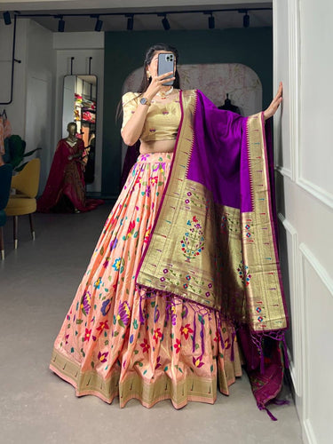 Jacquard silk Paithani Lehenga in peach