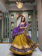 Mehendi and purple readymade chaniya choli (matching men’s kurta available £50)