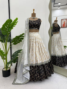 Black and off white jacquard Lehenga