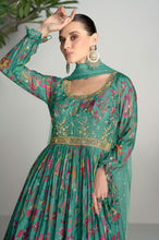 Ahana - Green floral chinon mirror work anarkali