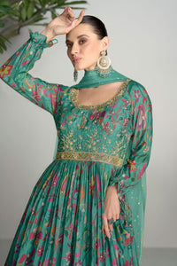 Ahana - Green floral chinon mirror work anarkali