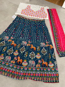 Elephant and horse printed blue Lehenga