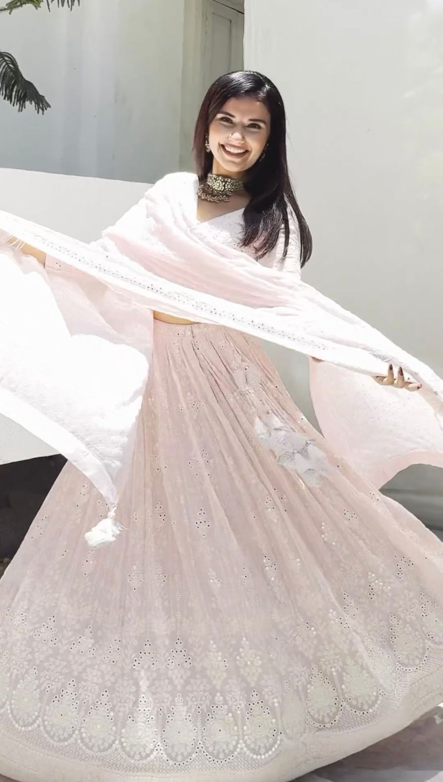 Baby pink thread work Lehenga with long sleeves option