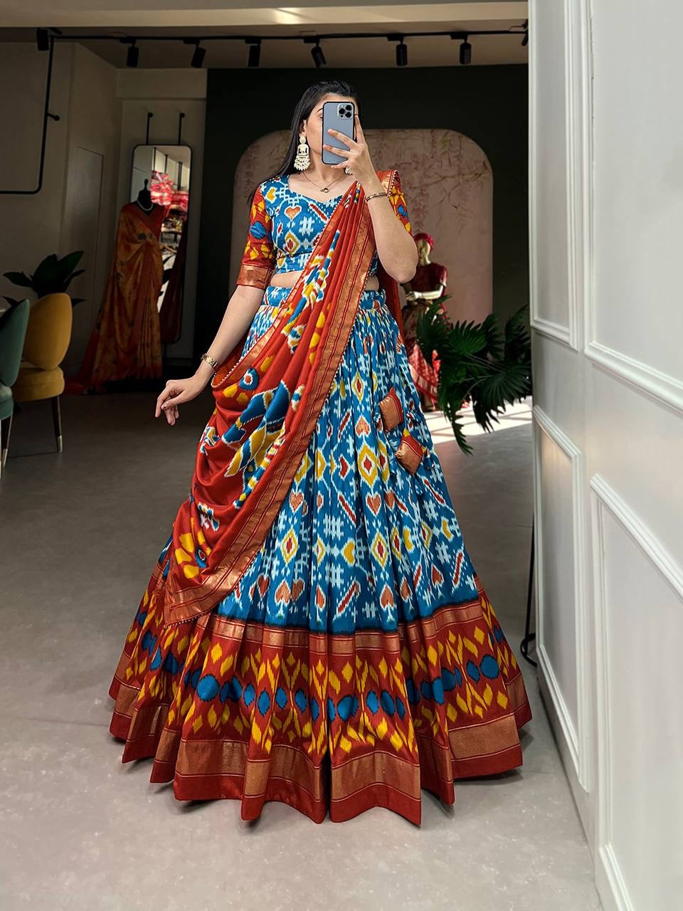 Elegance prints Tussar silk Lehenga - firozi blue