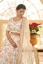 Chinon silk floral multi thread and sequin Lehenga in white