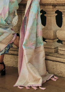 Multicoloured pastel rangkat silk saree in sky blue, lilac and baby pink tones