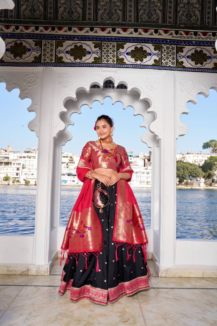 Jacquard silk Lehenga in black (skirt stitched)