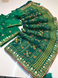 Georgette bandhani saree with gota patti border with 2 blouses - lots of colours