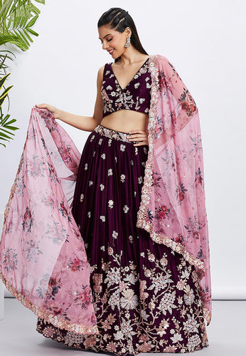 Wine floral embroidered Lehenga with floral dupatta