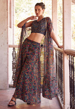 Navy blue printed georgette palazzo with cape readymade