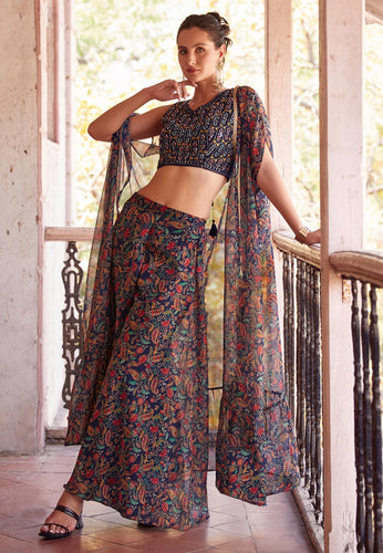 Navy blue printed georgette palazzo with cape readymade