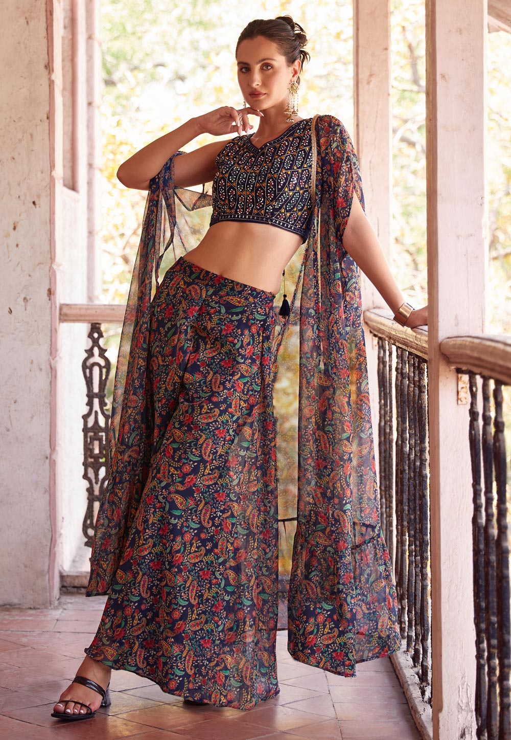 Navy blue printed georgette palazzo with cape readymade