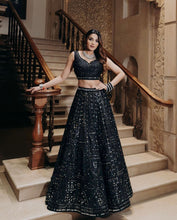 Black silk partywear mirror work Lehenga