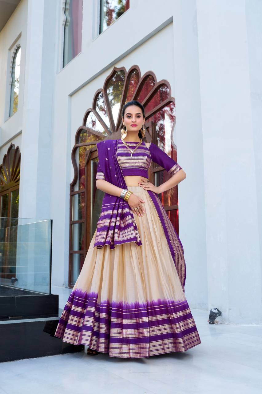 Chanderi silk elegant lehenga in off white (skirt stitched)