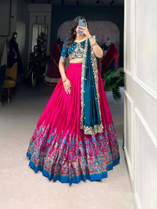Tussar silk traditional Lehenga multi floral border in pink (skirt stitched)