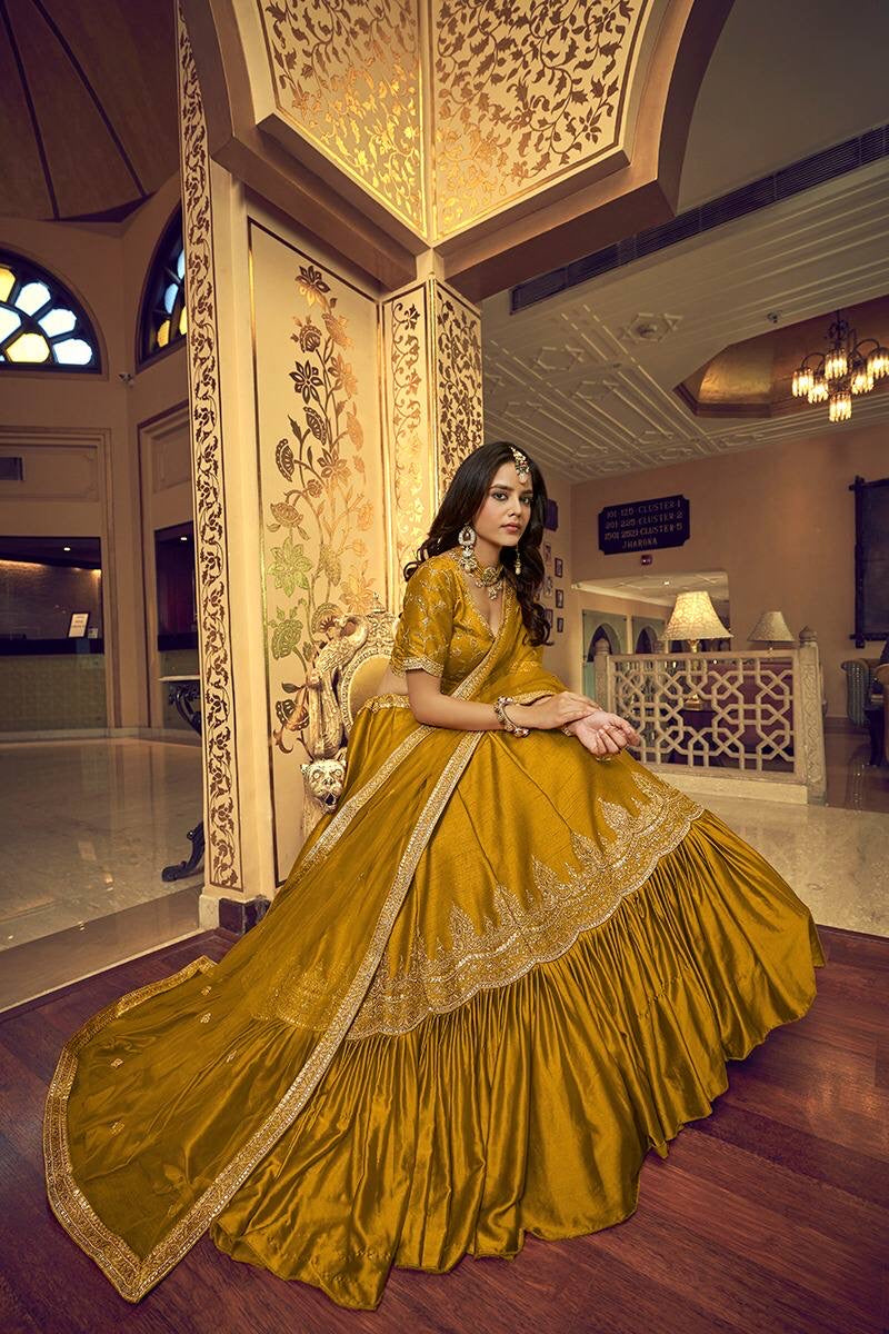 Royal collection - lino silk and satin ruffle style lehenga in dusty golden