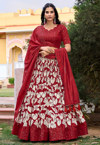 Tussar silk Lehenga in red with white flowers