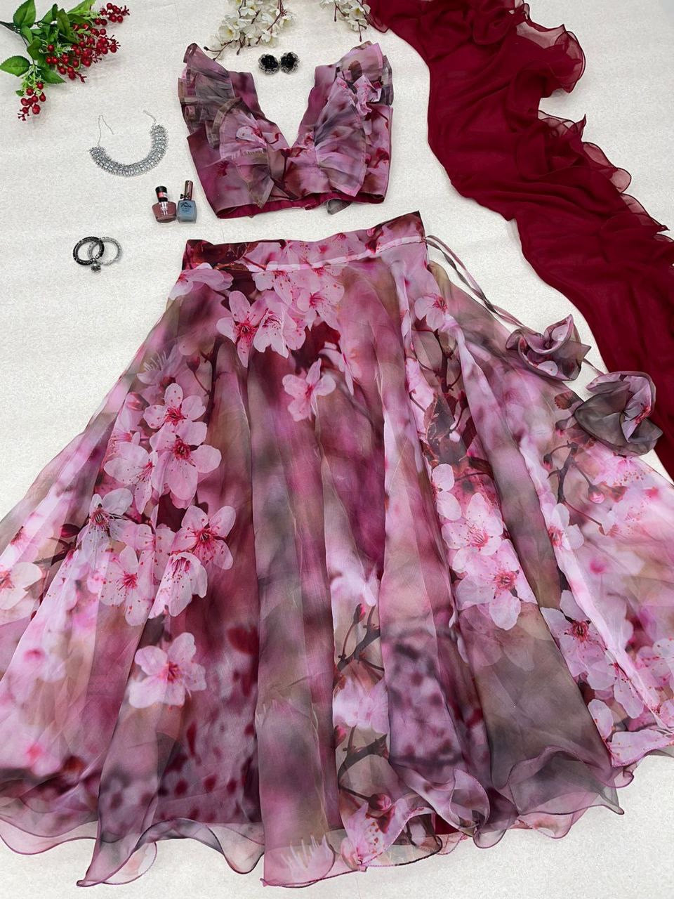 Violet digital print floral Lehenga - readymade