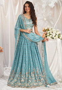 Turquoise blue georgette thread and sequins Lehenga