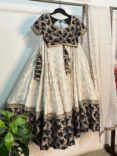 Black and off white jacquard Lehenga
