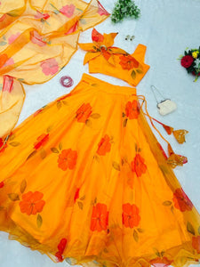 Orange yellow floral organza Lehenga