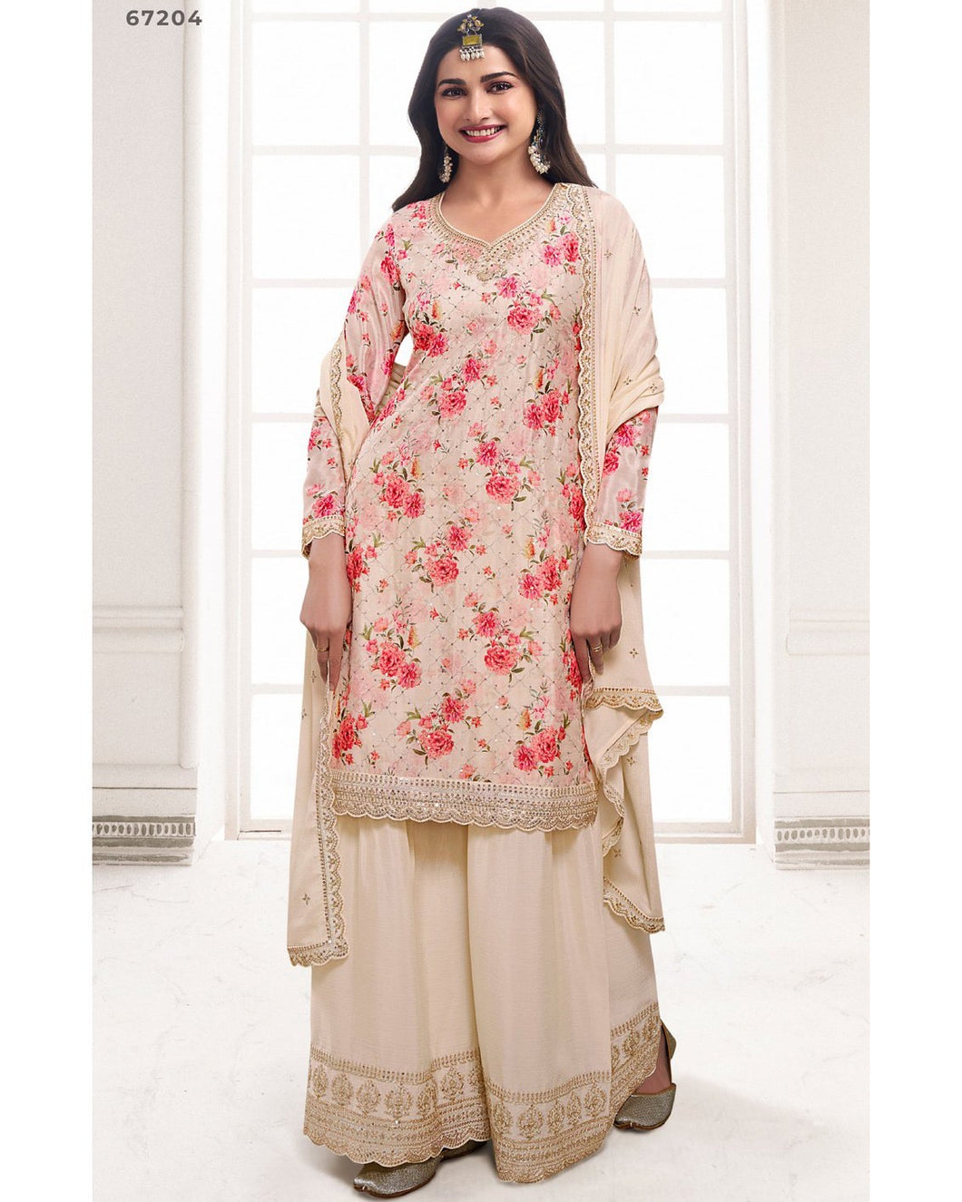 Fusion in fashion - embroidered chinon silk floral suits