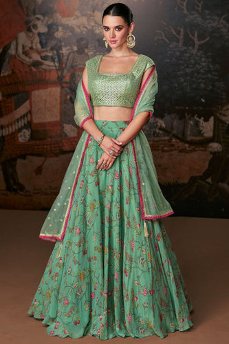 Sea green Organza silk readymade Lehenga (elbow length sleeves attached)