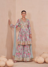 Pastel floral digital chinon sharara set in sky blue - readymade
