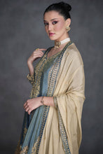 Steel blue and grey palazzo suit
