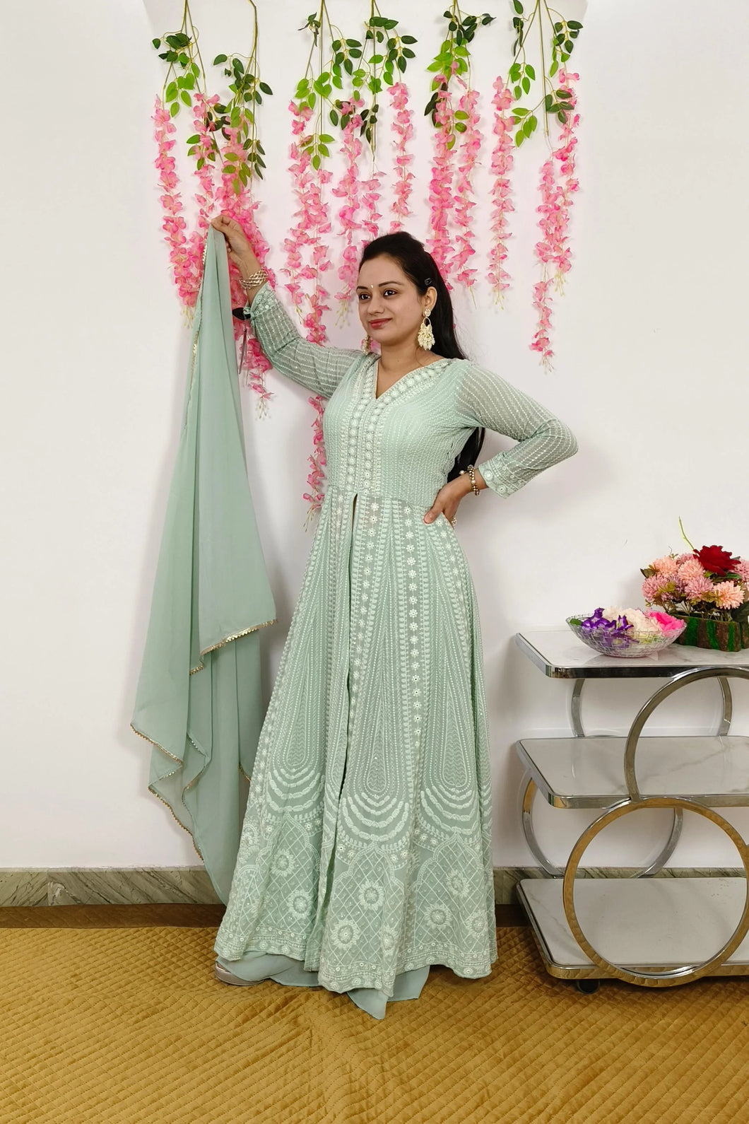 Pista green front slit anarkali