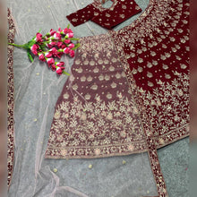 Maroon velvet embroidered Lehenga