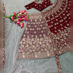 Maroon velvet embroidered Lehenga