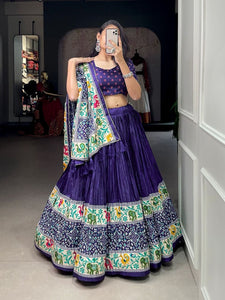 Crushed dola silk with bandhej print Lehenga in navy blue - readymade