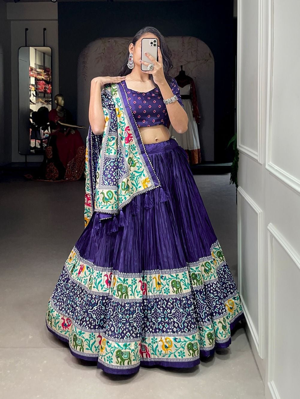 Crushed dola silk with bandhej print Lehenga in navy blue - readymade