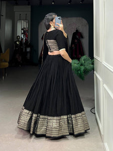 Chanderi silk plain Lehenga in black (skirt stitched)