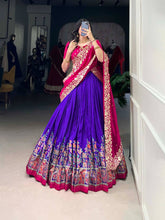 Tussar silk traditional Lehenga multi floral border in royal blue (skirt stitched)