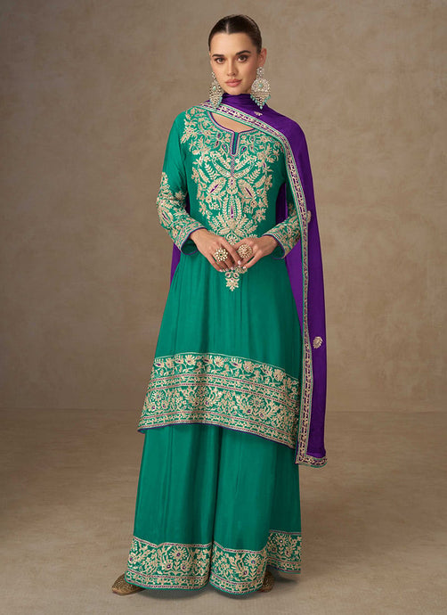 Purple and green chinon embroidered palazzo suit