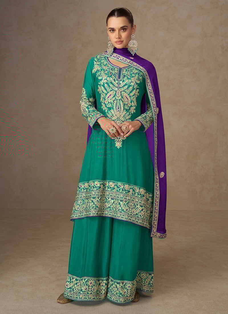 Purple and green chinon embroidered palazzo suit