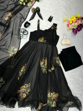 Black organza floral one shoulder style anarkali