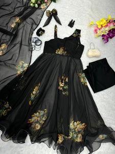 Black organza floral one shoulder style anarkali