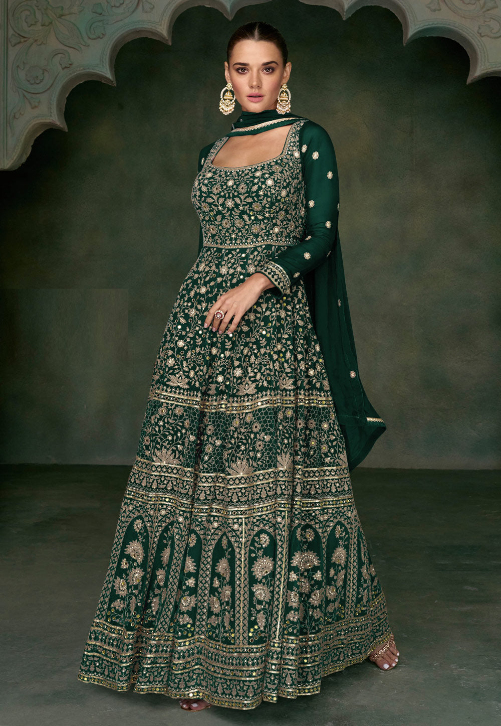 Janisha readymade - forest green georgette anarkali