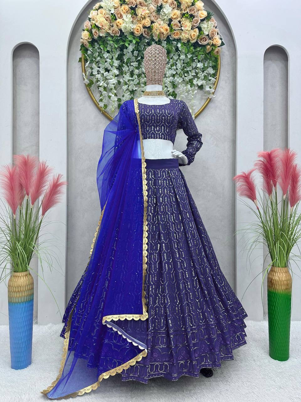 Royal and navy blue sequinned Lehenga