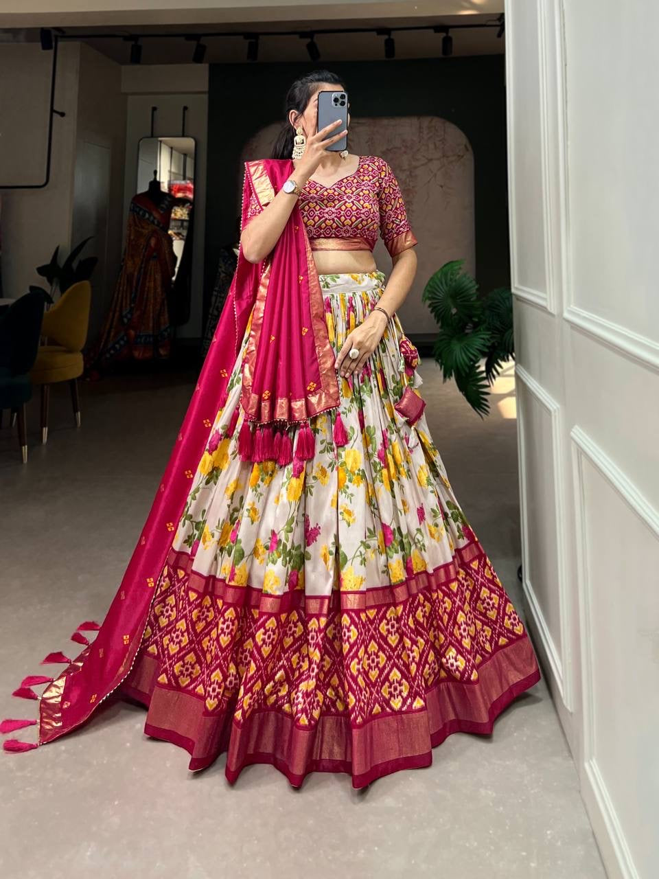 Tussar silk floral and patola print Lehenga in pink