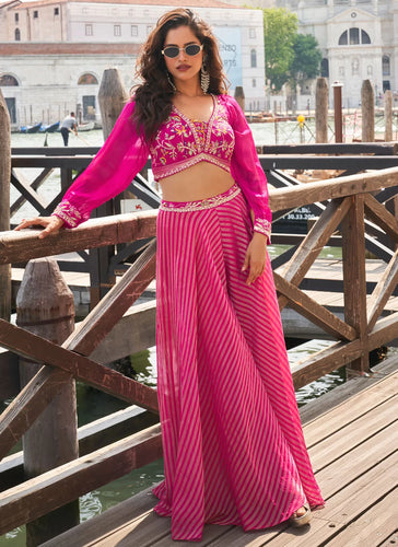 Pink jacquard silk embroidered palazzo set