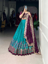 Tussar silk traditional Lehenga multi floral border in firozi (skirt stitched)
