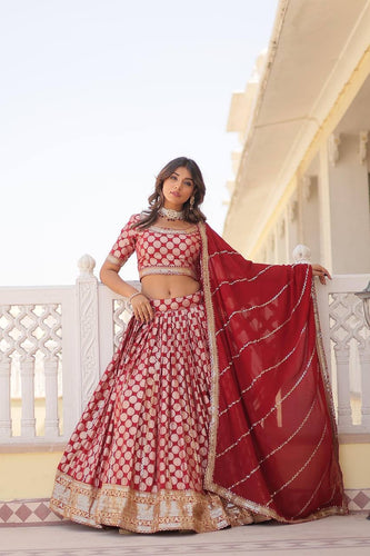 Partywear Lehenga - red viscose jacquard Lehenga