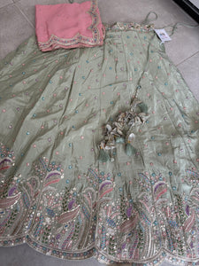 Pistachio satin silk scalloped Lehenga